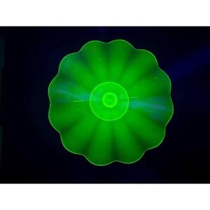 Vintage Uranium Glass Pedestal Cake Stand Green Scalloped Torte Plate